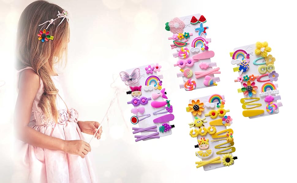 Young girl in pink dress with colorful hair clip, beside sets of vibrant rainbow and flower hair accessories, FashionRay style
