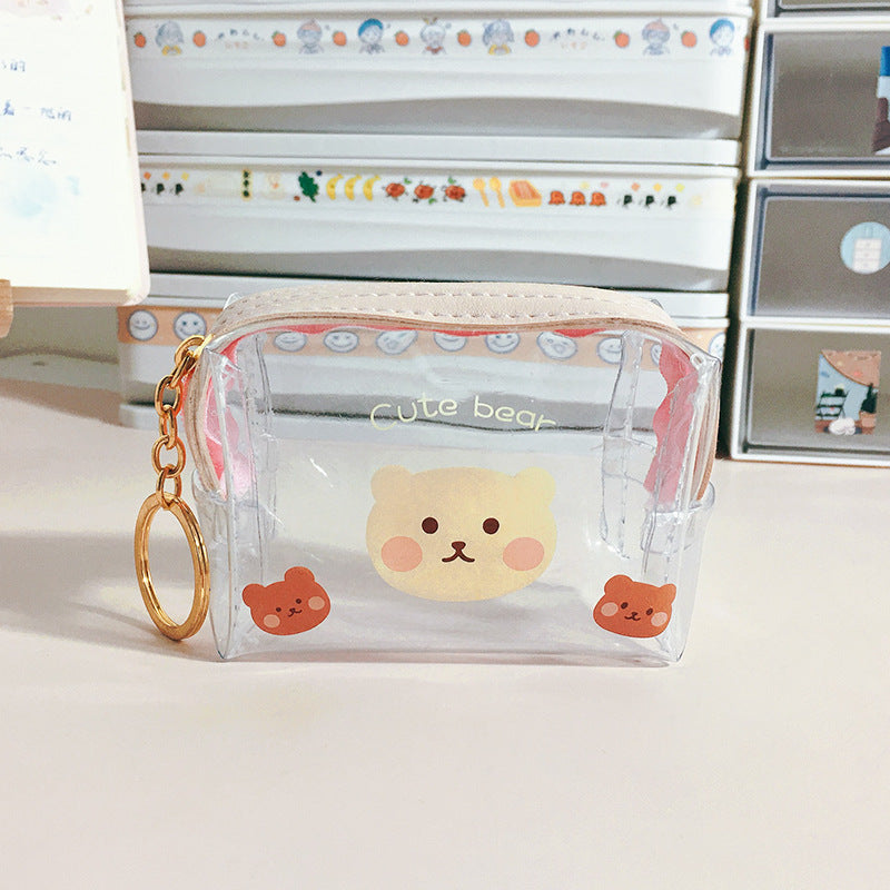 Clear cute bear coin purse with gold keychain on desk, FashionRay trendy accessory