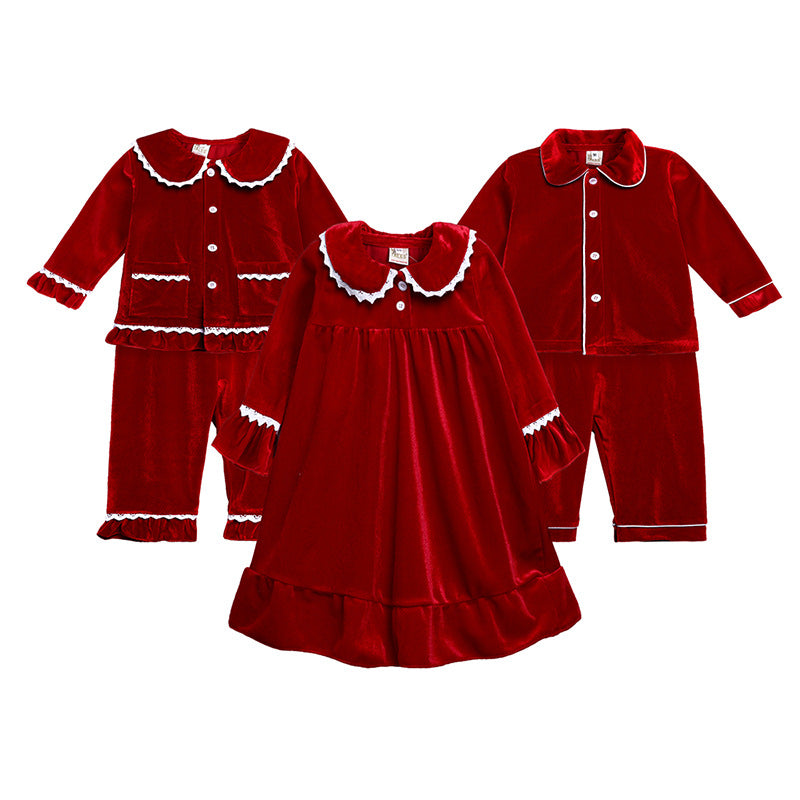 Red velvet family matching pajamas with white trim, boys’ set, girls’ dress, and girls’ set from FashionRay