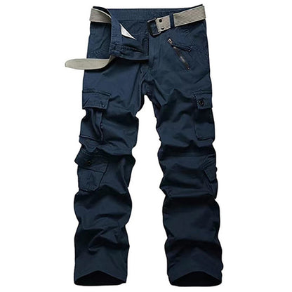 Navy blue cargo pants with multiple pockets and a beige belt, FashionRay style