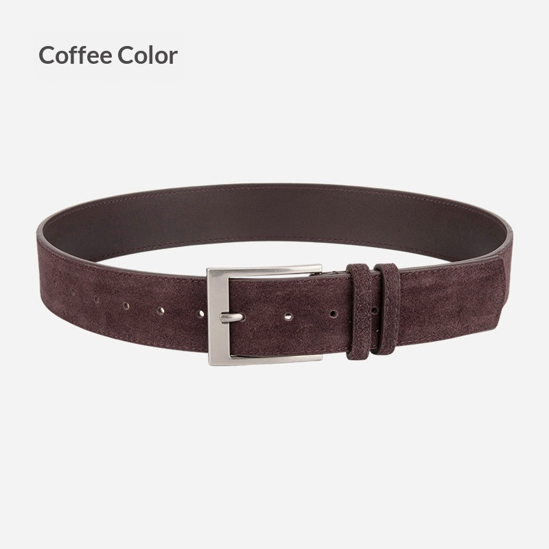 Coffee color suede belt with silver buckle, FashionRay trendy men's accessory on white background