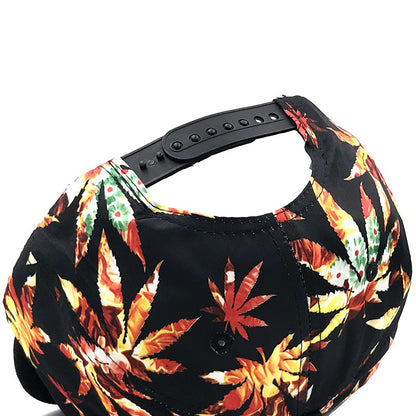 Black adjustable snapback hat with bold autumn leaf print, FashionRay trendy accessory