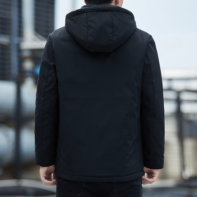 Back view of man wearing black hooded winter jacket from FashionRay outdoors