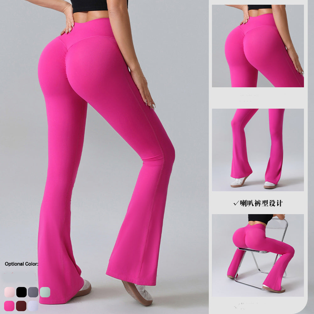 Woman modeling bright pink flared yoga pants from FashionRay, shown standing and squatting.
