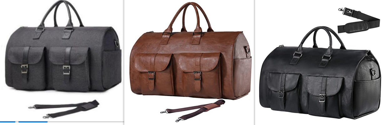 FashionRay travel duffle bags in gray, brown, and black with front pockets and removable straps