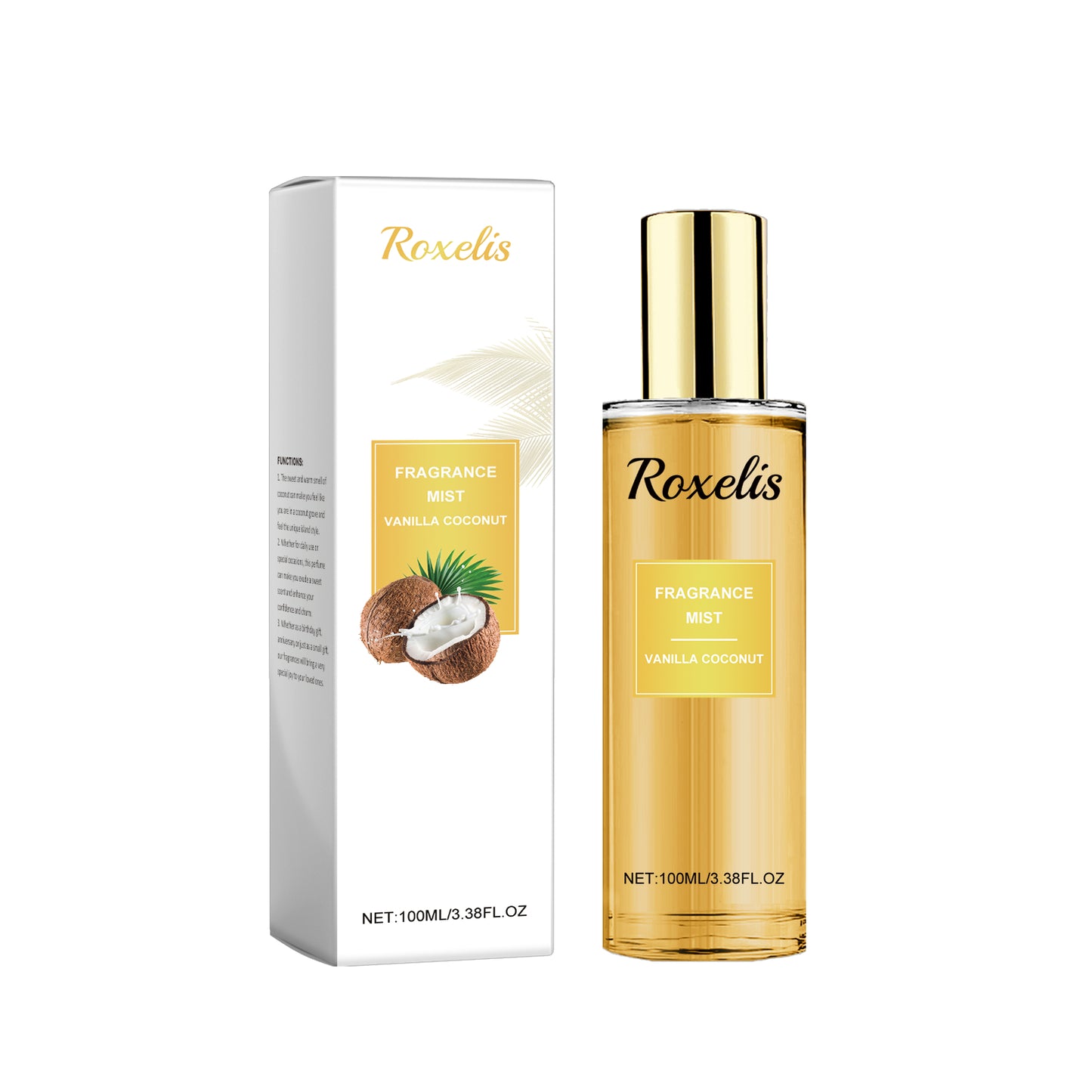 Roxelis Vanilla Coconut fragrance mist bottle and box with coconut graphic, FashionRay style