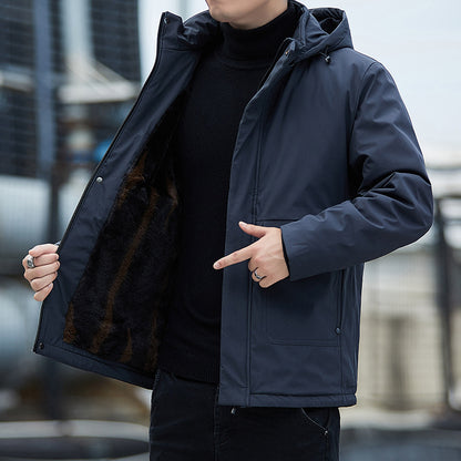 Man modeling FashionRay navy hooded winter jacket with plush inner lining, outdoor setting