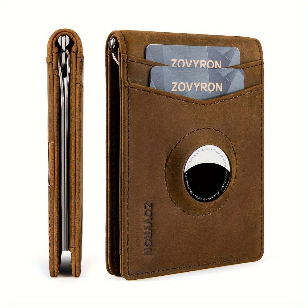 Brown leather card wallet with two visible cards and AirTag holder, stylish accessory by FashionRay