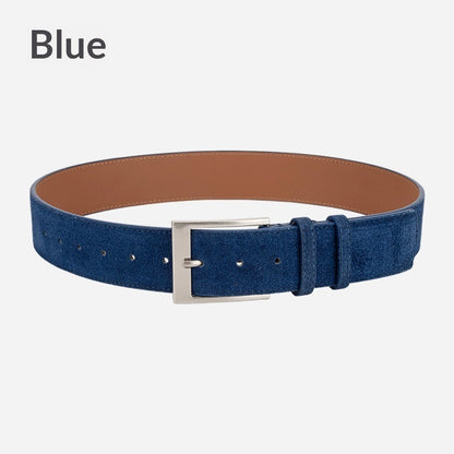 Blue suede fashion belt with silver buckle on white background, FashionRay accessory