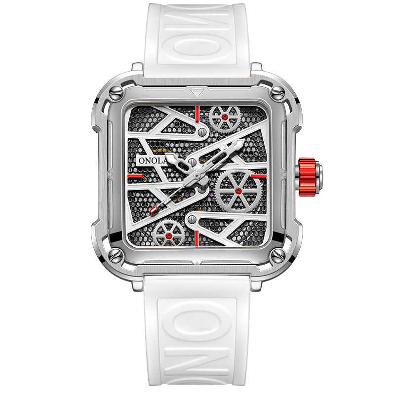 Modern square ONOLA watch with white silicone band and silver skeleton dial, FashionRay style