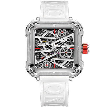 Modern square ONOLA watch with white silicone band and silver skeleton dial, FashionRay style