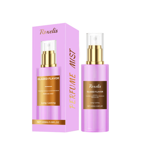 Roxelis Glazed Flavor perfume mist with box, pink and gold, long-lasting fragrance