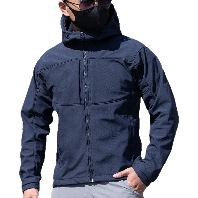 Man wearing navy hooded jacket, black face mask, and sunglasses, FashionRay trendy style