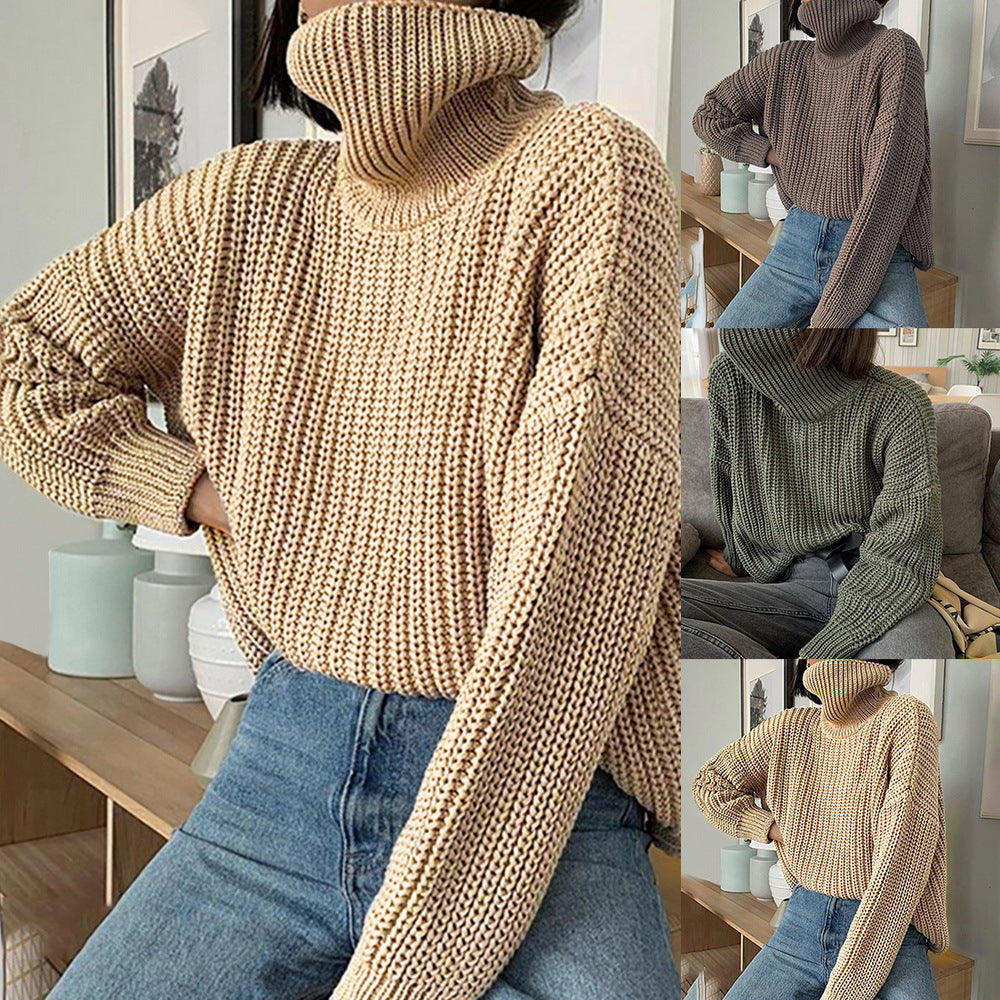 FashionRay chunky knit turtleneck sweaters in beige, brown, and green, styled with jeans