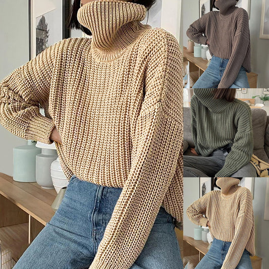 FashionRay chunky knit turtleneck sweaters in beige, brown, and green, styled with jeans