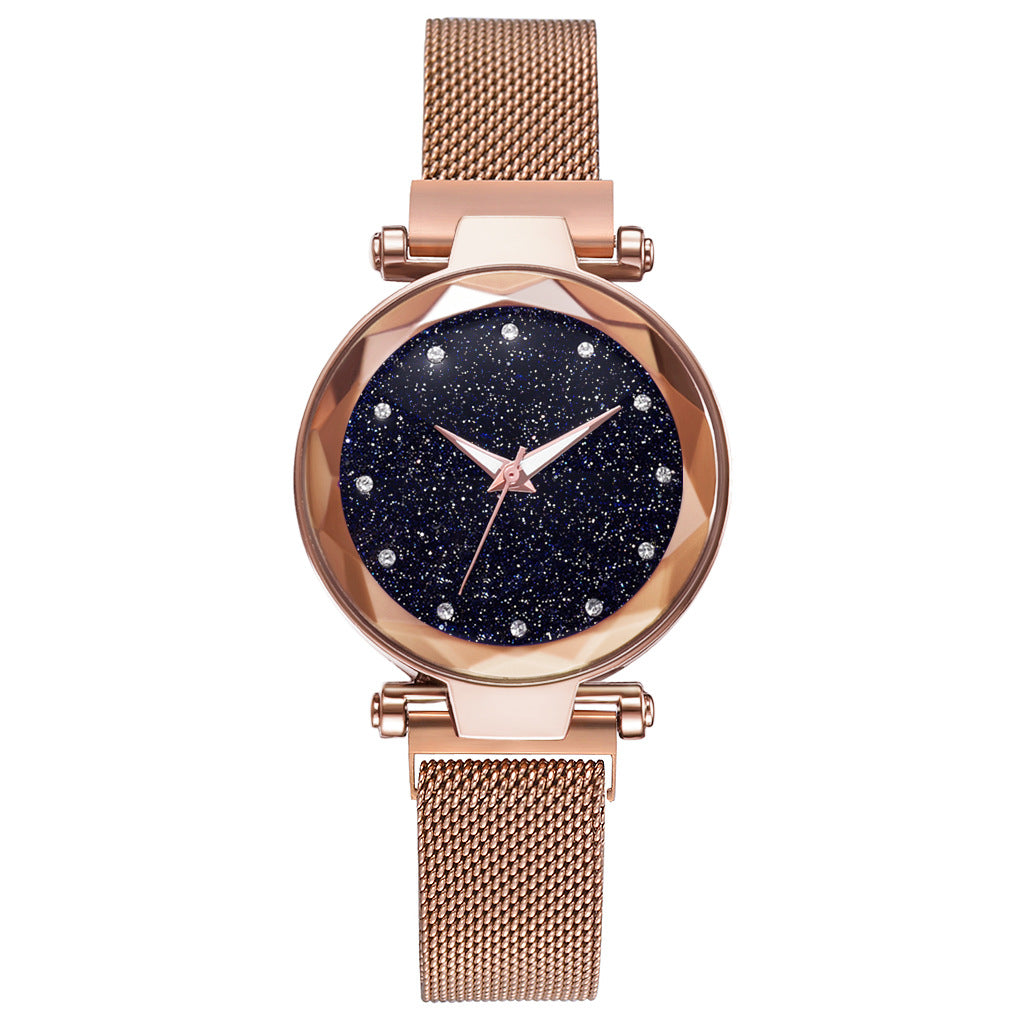Rose gold mesh strap watch with starry black dial and crystal hour markers from FashionRay