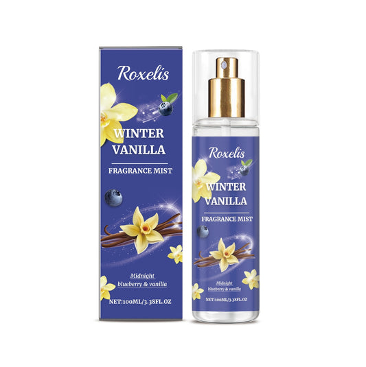 Roxelis Winter Vanilla fragrance mist with blueberry and vanilla, 100ml, in blue packaging