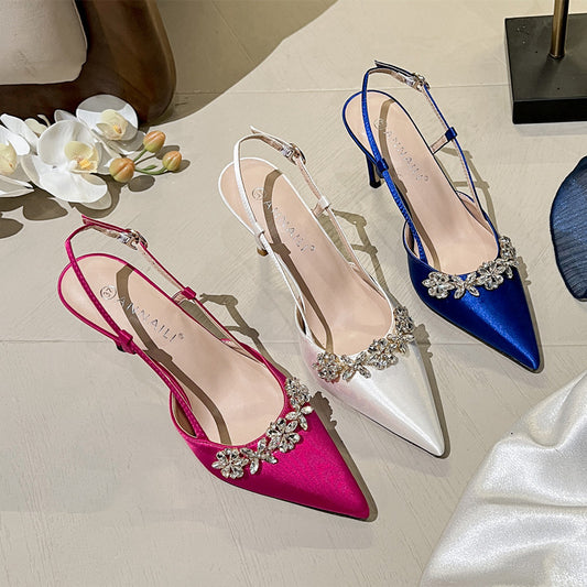 FashionRay pointed toe slingback heels in pink, white, and blue satin with jeweled floral detail