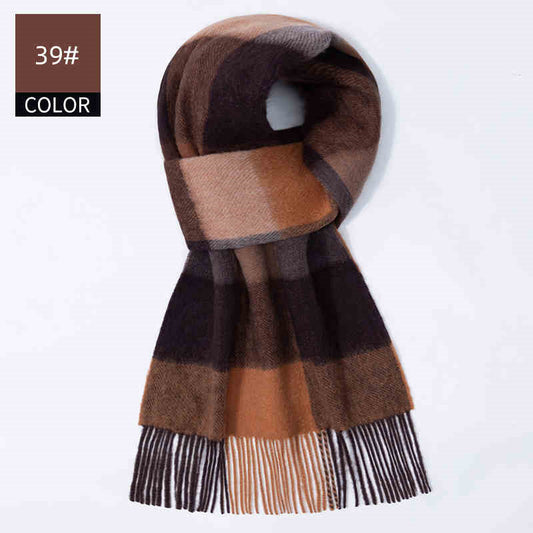 FashionRay brown and black plaid scarf with fringed ends on white background