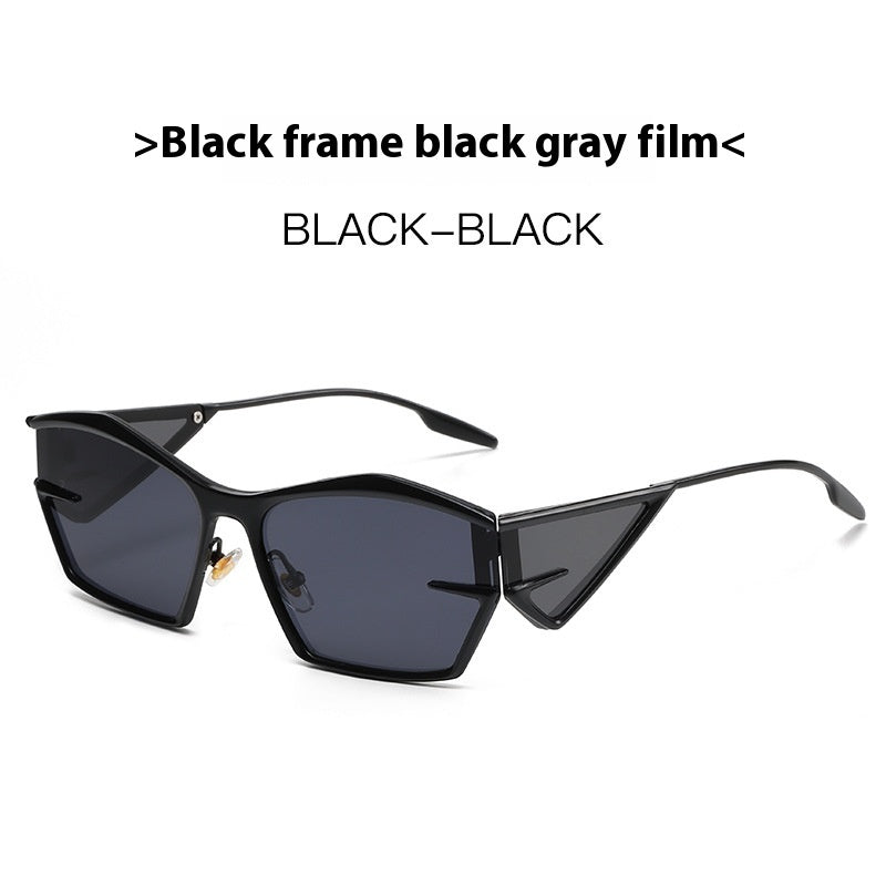 FashionRay black frame angular sunglasses with gray lenses on white background