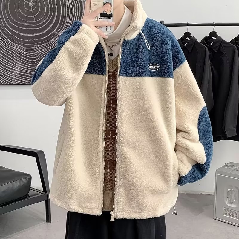 Trendy sherpa fleece jacket in cream and blue, oversized fit, stylish casual fashion