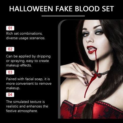 Halloween fake blood set promotion featuring a woman in gothic makeup with realistic dripping blood, ideal for bold FashionRay costumes.