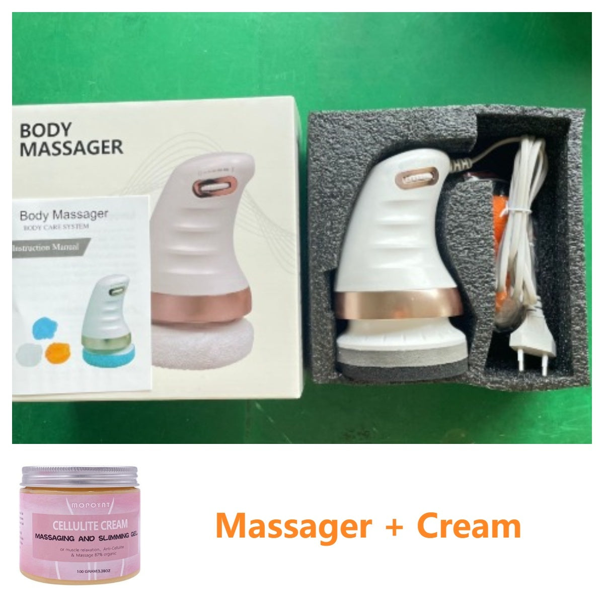 FashionRay body massager kit with cellulite cream, electric massager and gel bundle.