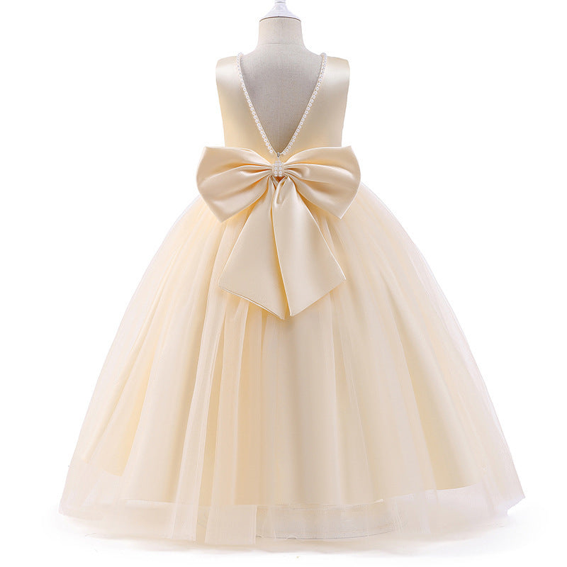 Ivory ball gown dress for girls with large satin bow and pearl-trimmed V-back, FashionRay