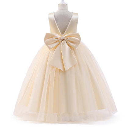 Ivory ball gown dress for girls with large satin bow and pearl-trimmed V-back, FashionRay