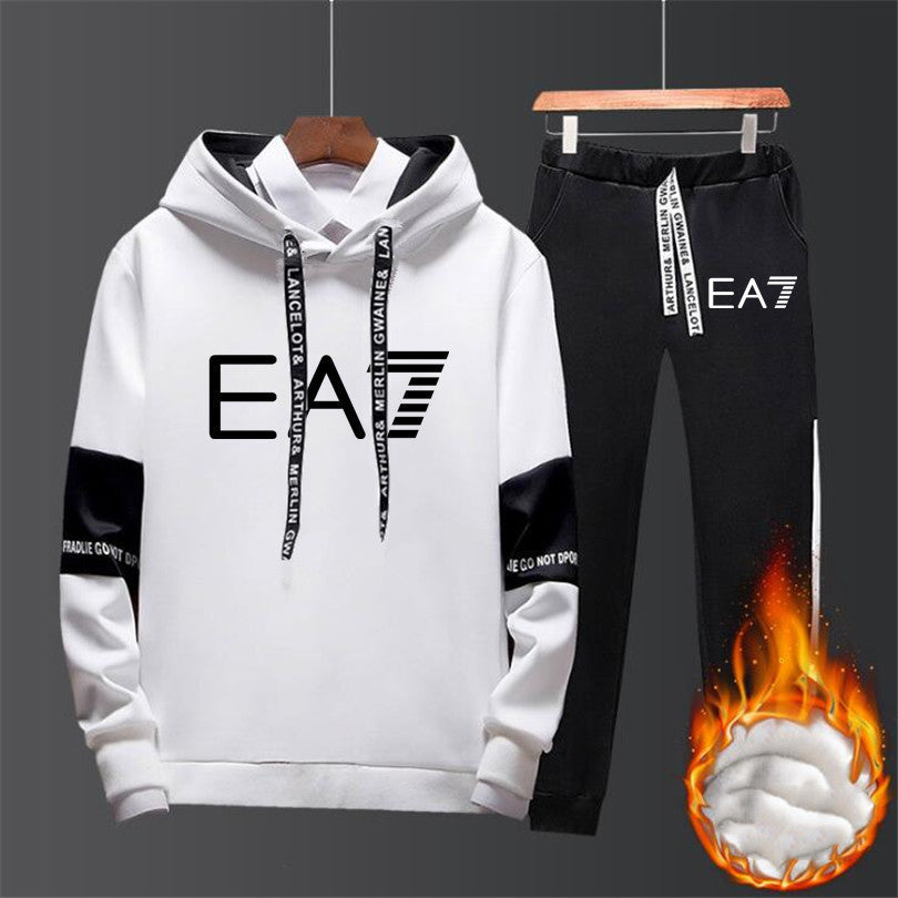 FashionRay white and black EA7 hoodie and jogger set with bold logo, warm fleece lining