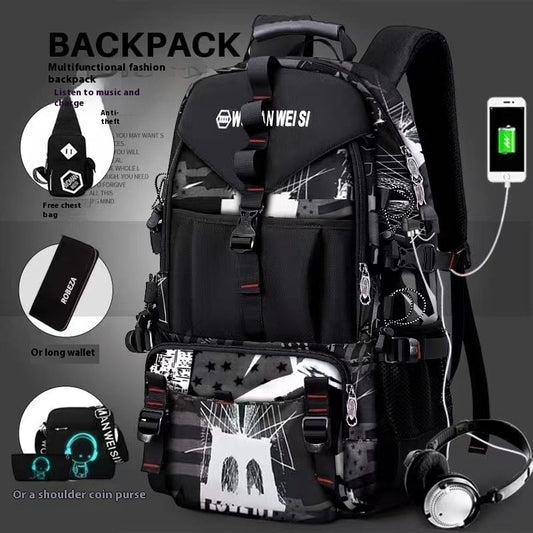 Multifunctional black backpack with USB charging port, graphic design, and matching accessories