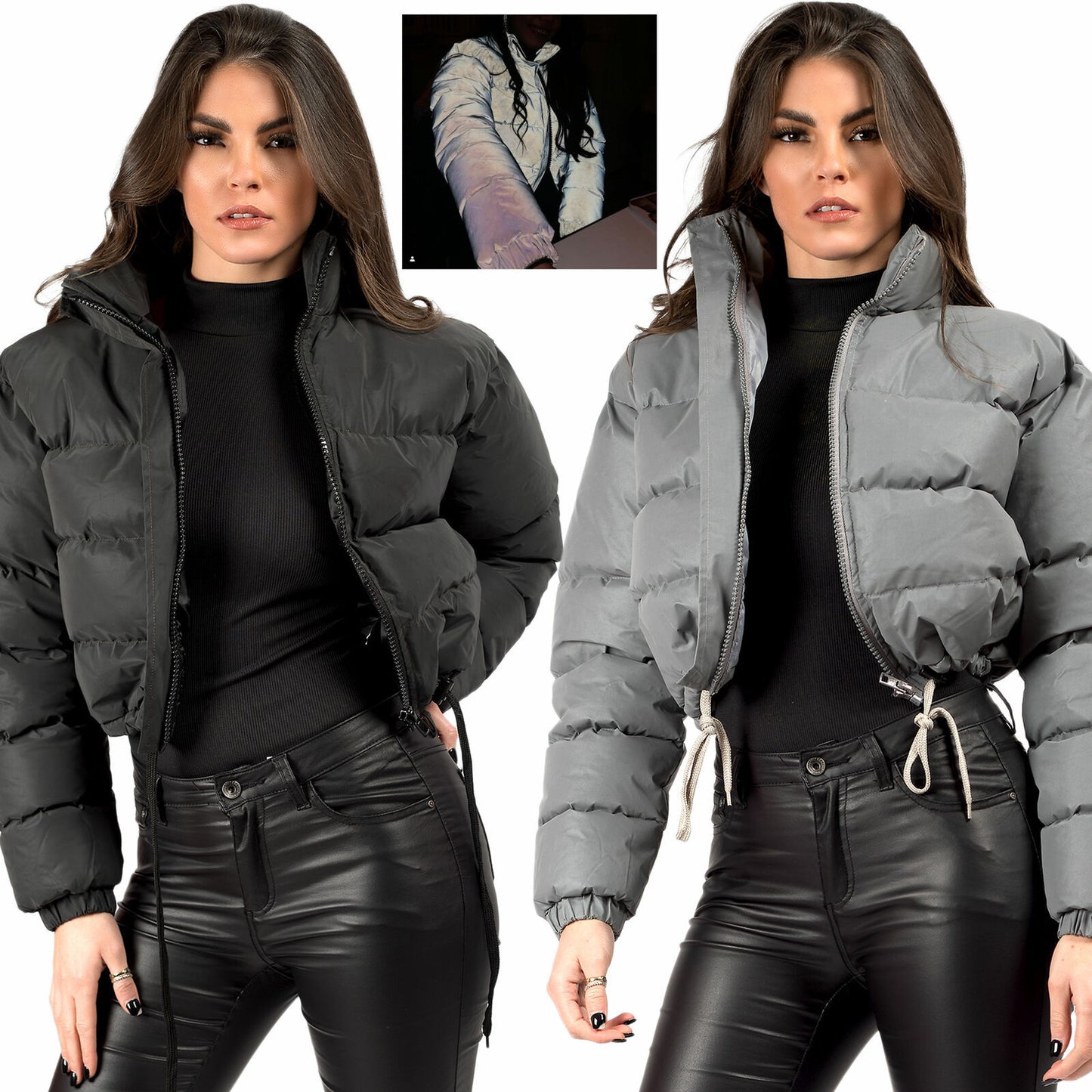 FashionRay women’s trendy reflective puffer jacket with high collar and drawstring waist