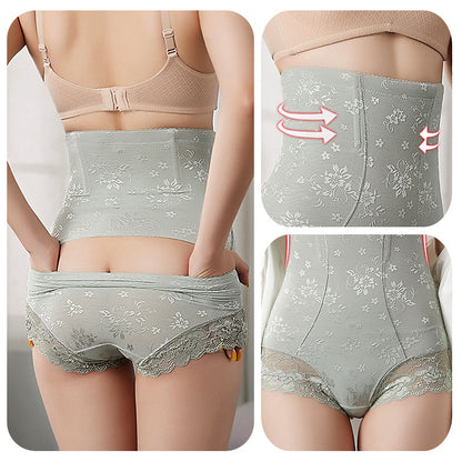 High-waist floral lace shapewear panties in light grey, shown on model from back and side, FashionRay