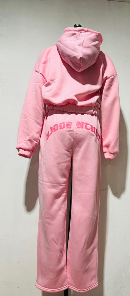 Pink hooded tracksuit with bold text on back, FashionRay trendy and comfortable loungewear
