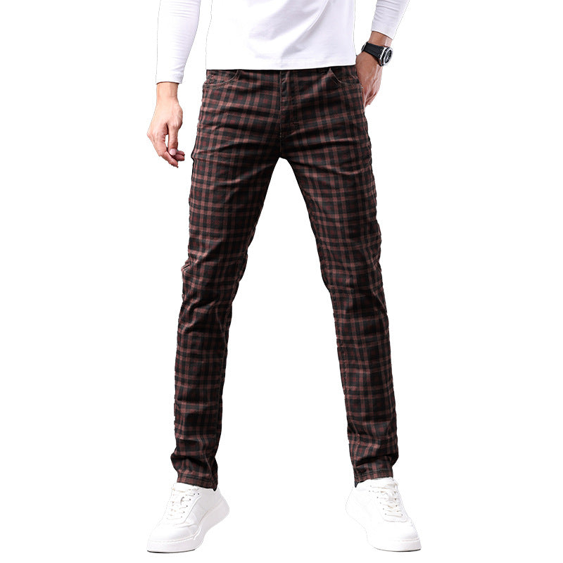 Men's brown plaid slim fit pants with white sneakers, FashionRay trendy comfort style