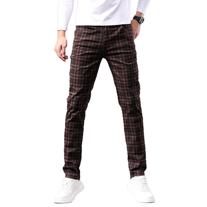 Men's brown plaid slim fit pants with white sneakers, FashionRay trendy comfort style