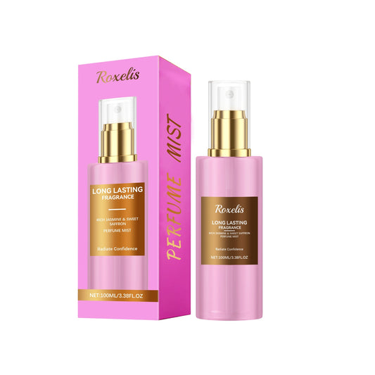 Roxelis long lasting perfume mist in pink bottle and box, fashion fragrance product