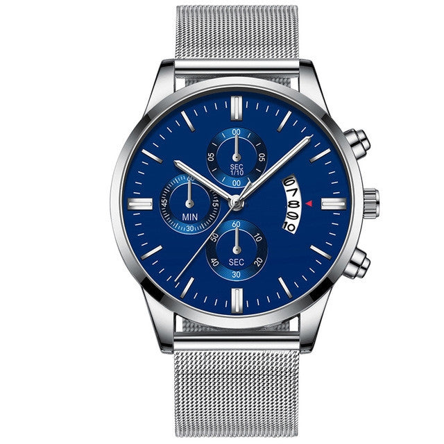 FashionRay men's stainless steel chronograph watch with blue dial and mesh band