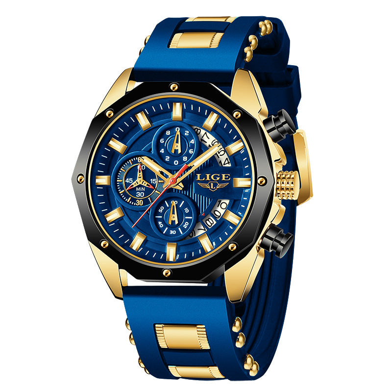 FashionRay blue and gold men's chronograph watch with silicone strap and bold design