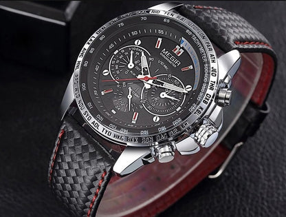Sleek MEGIR chronograph watch with black textured strap and red stitching, modern fashion accessory