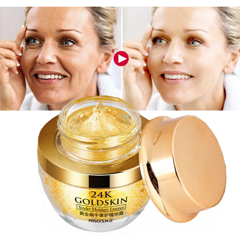 Woman shows before and after facial skincare results with 24K Goldskin moisturizer jar