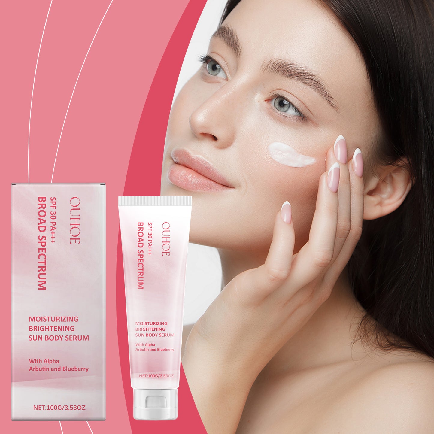Woman applying Outoe moisturizing brightening sun body serum with SPF 30 on her face