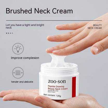 Hand applying zoo son peptide neck cream, moisturizing skincare product on light background