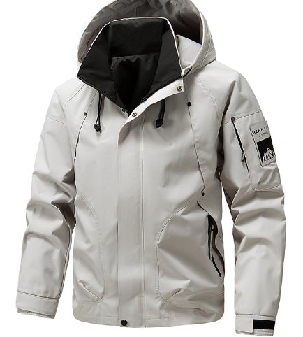 Light gray fashion jacket with hood, black accents, and patch sleeve detail from FashionRay