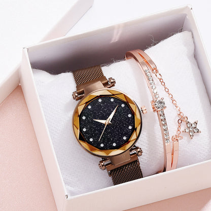 Rose gold watch with black glitter dial and crystal bracelet set in FashionRay gift box