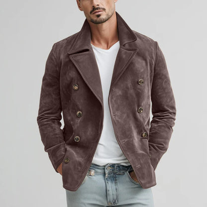 FashionRay men's brown suede double-breasted jacket, white shirt, light jeans
