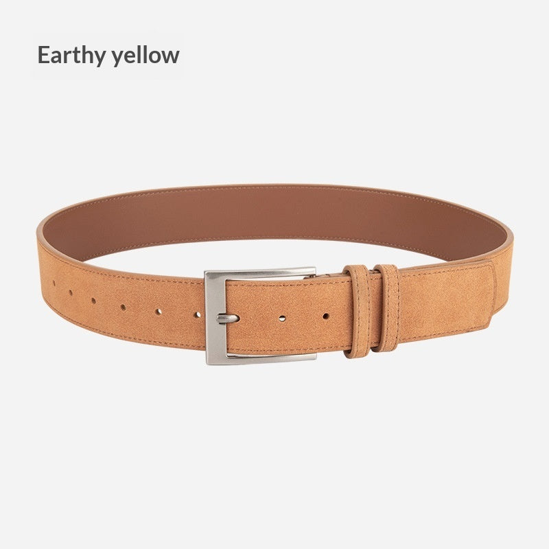 Earthy yellow suede belt with silver buckle on white background, trendy accessory from FashionRay
