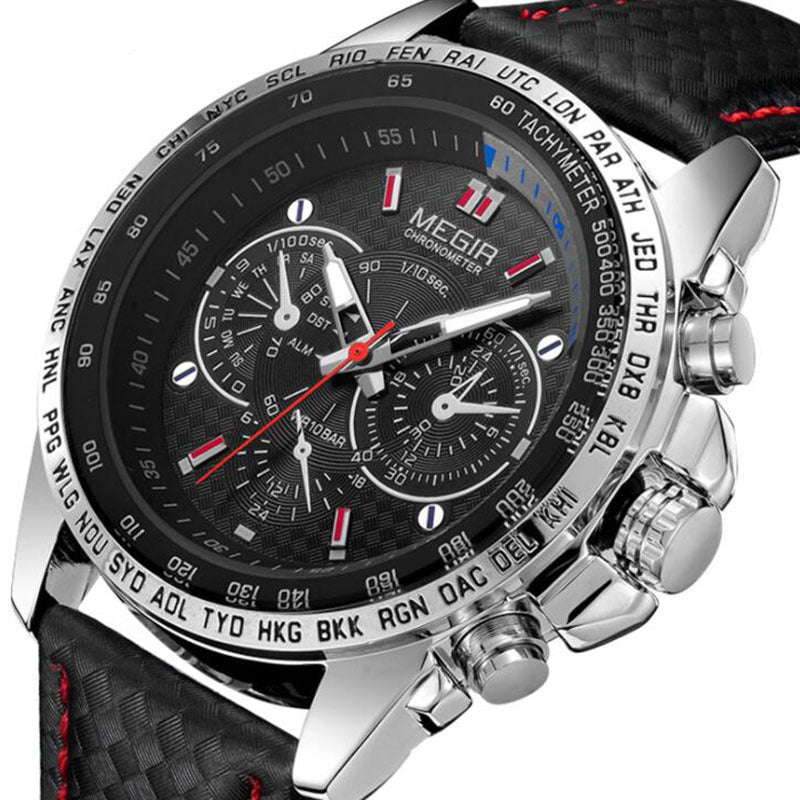 MEGIR men's chronograph watch with black dial, tachymeter, and black strap from FashionRay