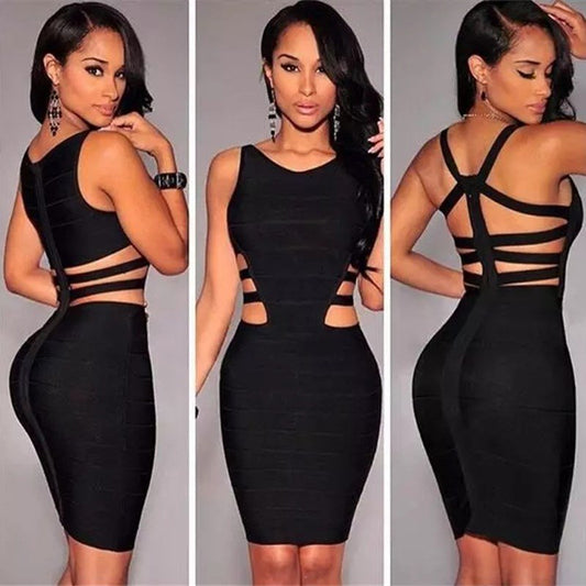 Woman modeling a black bodycon cutout bandage dress, trendy fashion at FashionRay