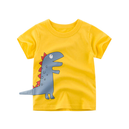 Yellow kids’ t-shirt with blue cartoon dinosaur print, trendy FashionRay clothing